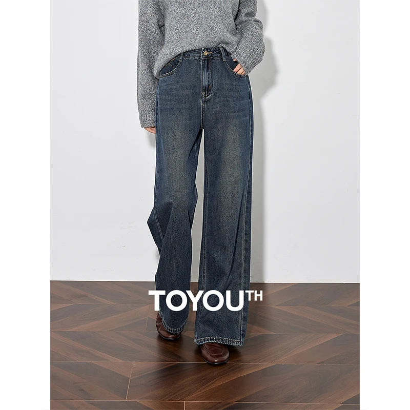 TOYOUTH Women Denim Jeans 2024 Autumn and Winter New Embroidered High Street Straight Wide Leg Long Pants