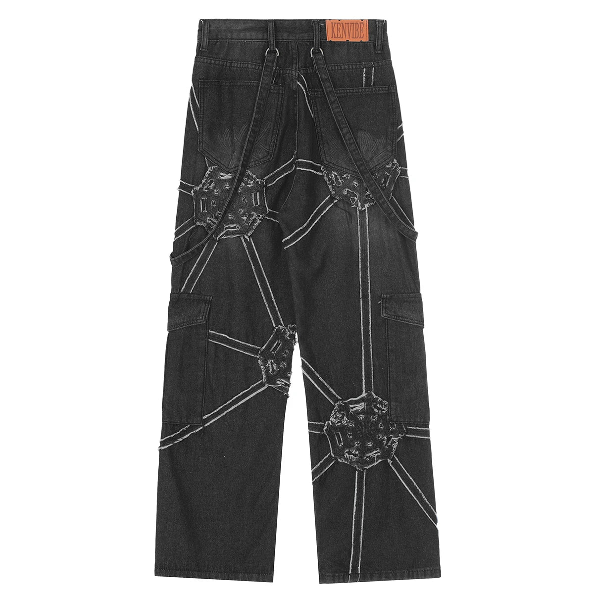 Harajuku Streetwear Jeans Net Splicing Baggy Jeans Hip Hop Denim Pants Black Loose Casual Straight Cargo Jeans