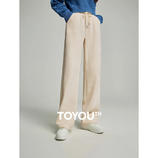 TOYOUTH Fleece Thicken Sweatpant 2024 Spring New Women Solid Color Drawstring Waist Straight Wide-leg Trousers Comfort Pants