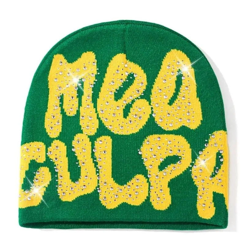 2023 NEW Y2K MEA Culpa Beanies Hat with Rhinestone for Women Men Beanies Hats Hip-hop Soft Stretch Warm Knitted Slouchy Cap