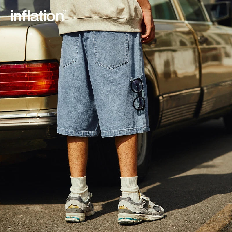 INFLATION Vintage Denim Shorts Man Loose Straight Washed Jeans Shorts Male Plus Szie