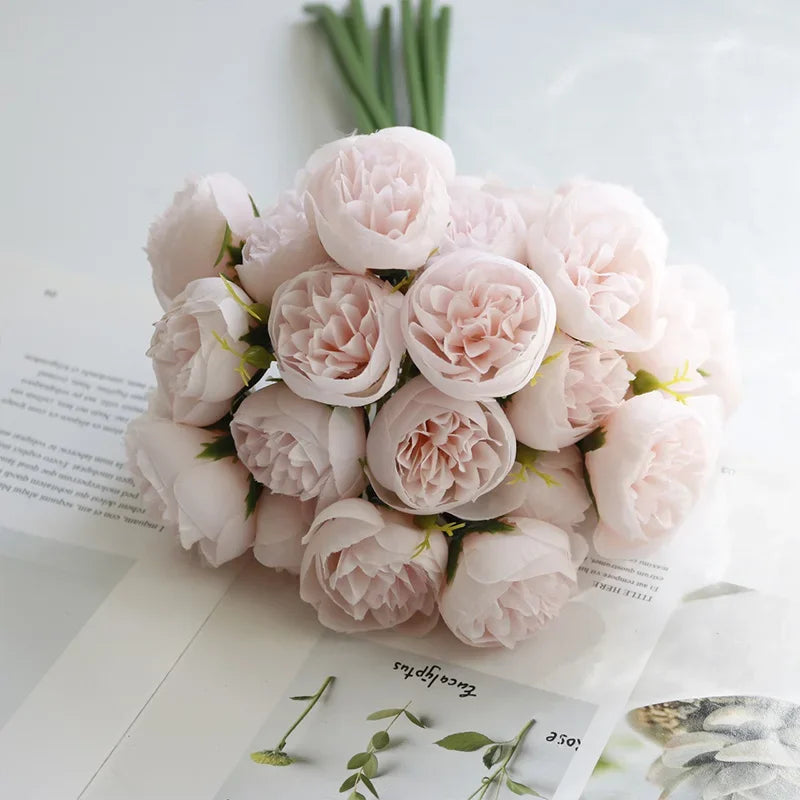 Rose Pink Peony Artificial Flowers Silk Bouquet 27heads Roses Fake Flower for Table Vase Arrange Home Wedding Decoration Flowers