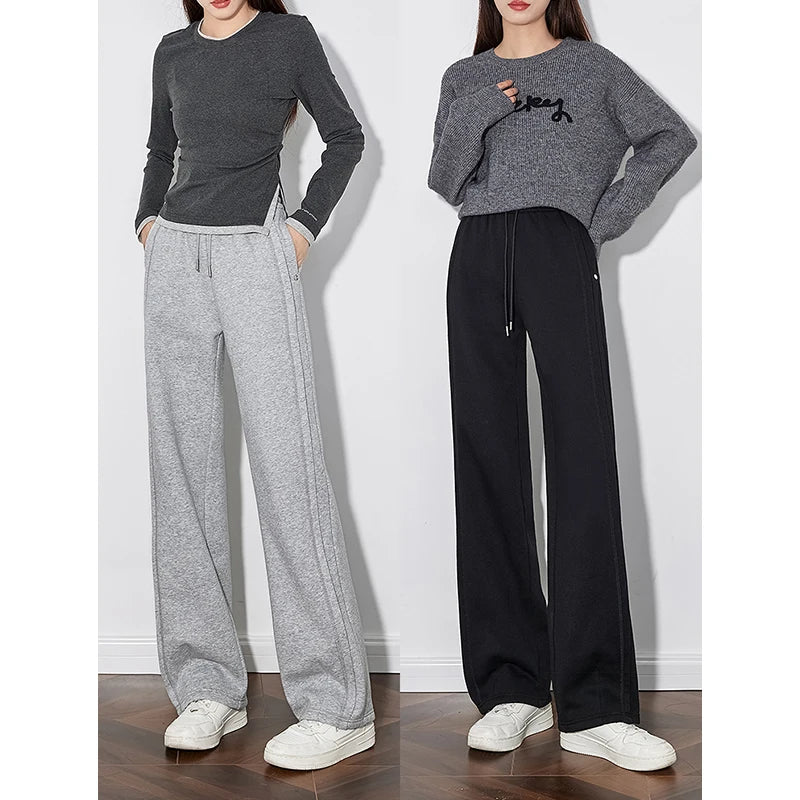 TOYOUTH Women Fleece Sweatpants 2024 Autumn and Winter New Drawstring Elastic Waist Straight Wide Leg Sports Casual Pants