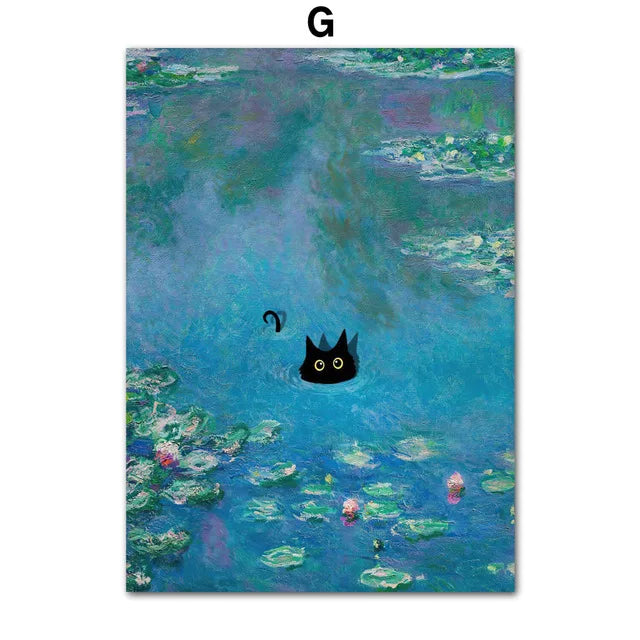 Funny Art Matisse Monet Black Cat Van Gogh Sunflowers Canvas Painting Posters and Prints Wall Pictures for Living Room Decor