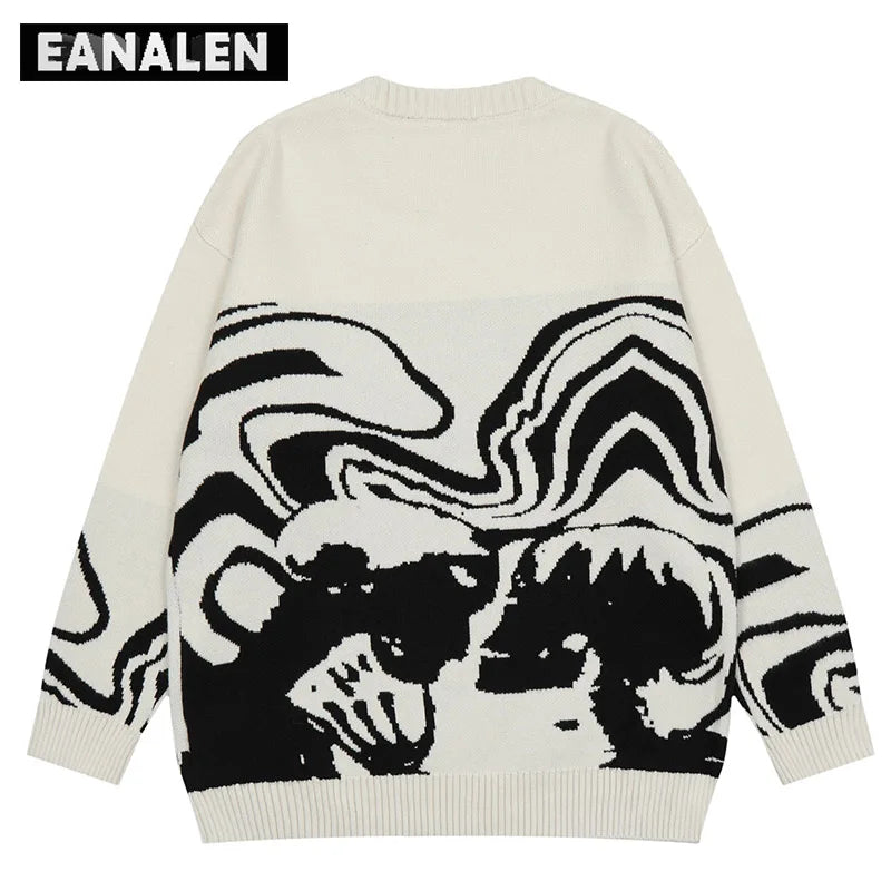 Harajuku Vintage Abstract Skull Knitted Sweater Men's Oversized Gothic Jumper Anime Couple Pullover Grandpa Ugly Sweater Women's