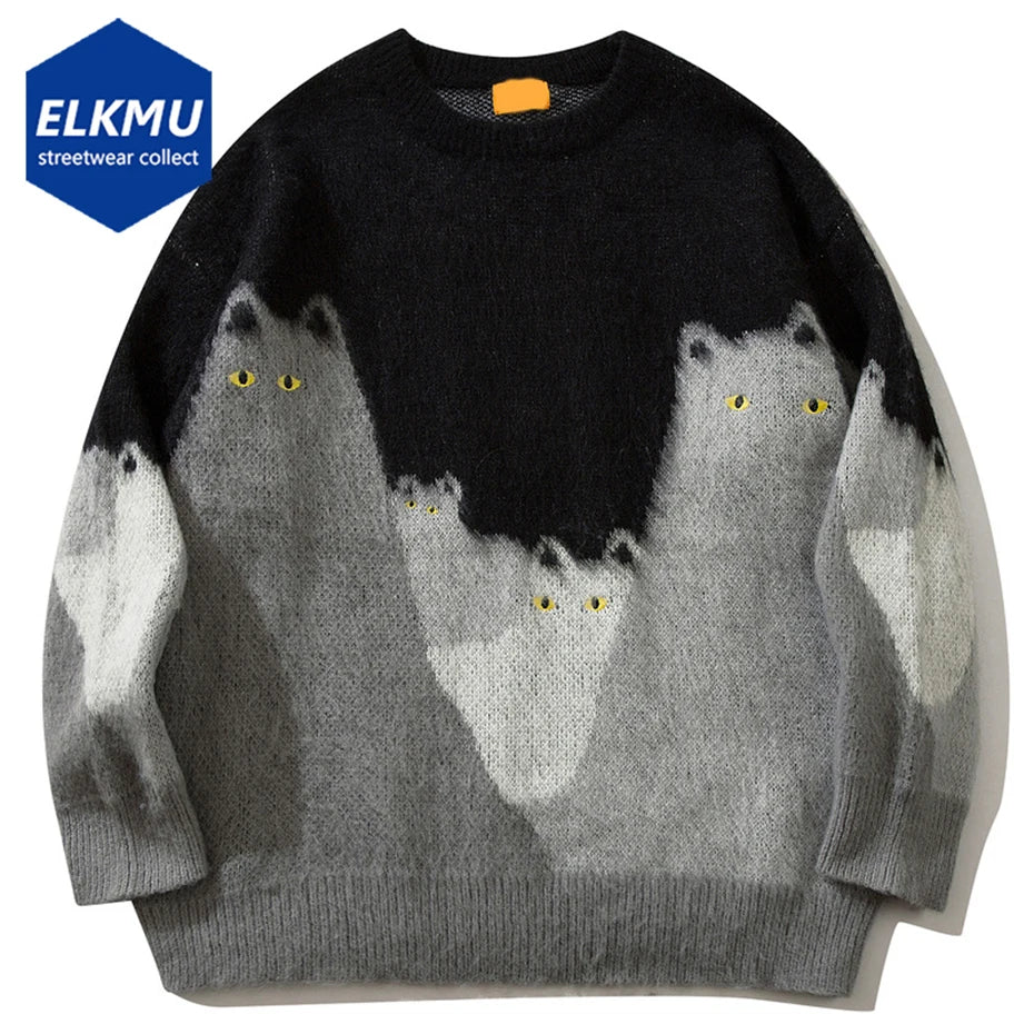 Cat Graphic Knitted Sweater Men Oversized Hip Hop Streetwear Hip Hop Pullover Sweaters Black Loose Casual Sweaters Jumper