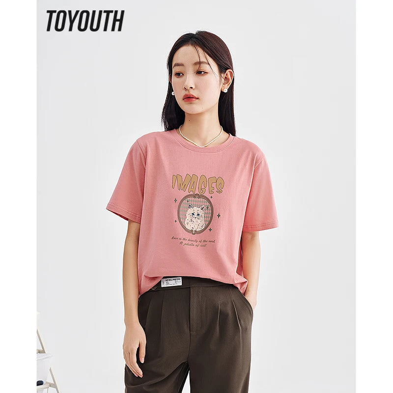 Toyouth Women T-shirt 2023 Spring Short Sleeve O Neck Loose Tees Cute Graphic Print Four Colors Pure Cotton Comfort Casual Tops