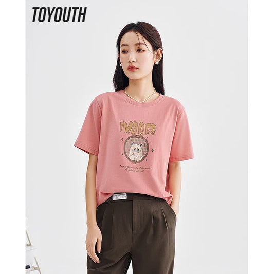 Toyouth Women T-shirt 2023 Spring Short Sleeve O Neck Loose Tees Cute Graphic Print Four Colors Pure Cotton Comfort Casual Tops