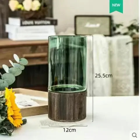 Vases Simple European Hydroponic Plant Household Living Room Table  Inserted Flower Wood Base Transparent Glass Vase Home Decor