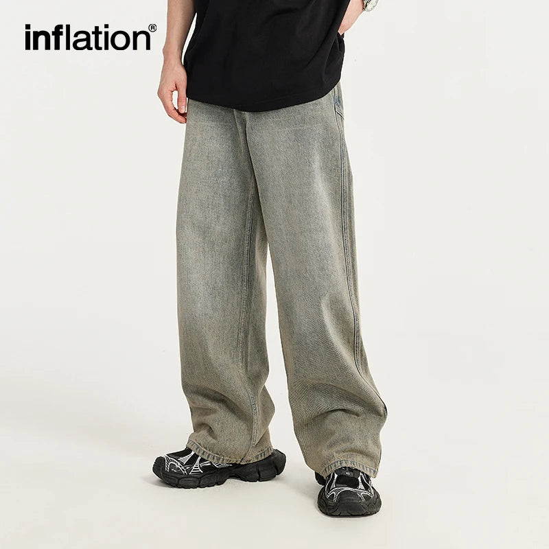 INFLATION Streetwear Oversized Irregular Stitching Jeans Men Washed Wide Leg Denim Pants Trousers