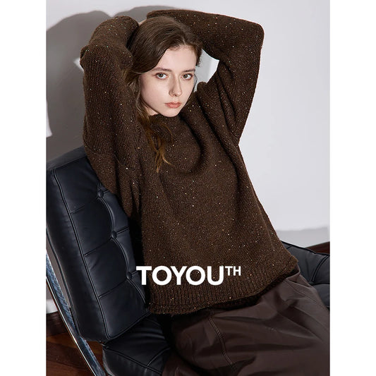 TOYOUTH Women Sweater 2024 Autumn Winter New Bead Sparkling Round Neck Camel Velvet Knitted Pullover Sweater