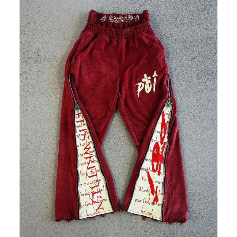 Y2K letter pattern side zipper elastic waist straight wide leg pants men winter clothes aesthetic niche simple popular sweatpant