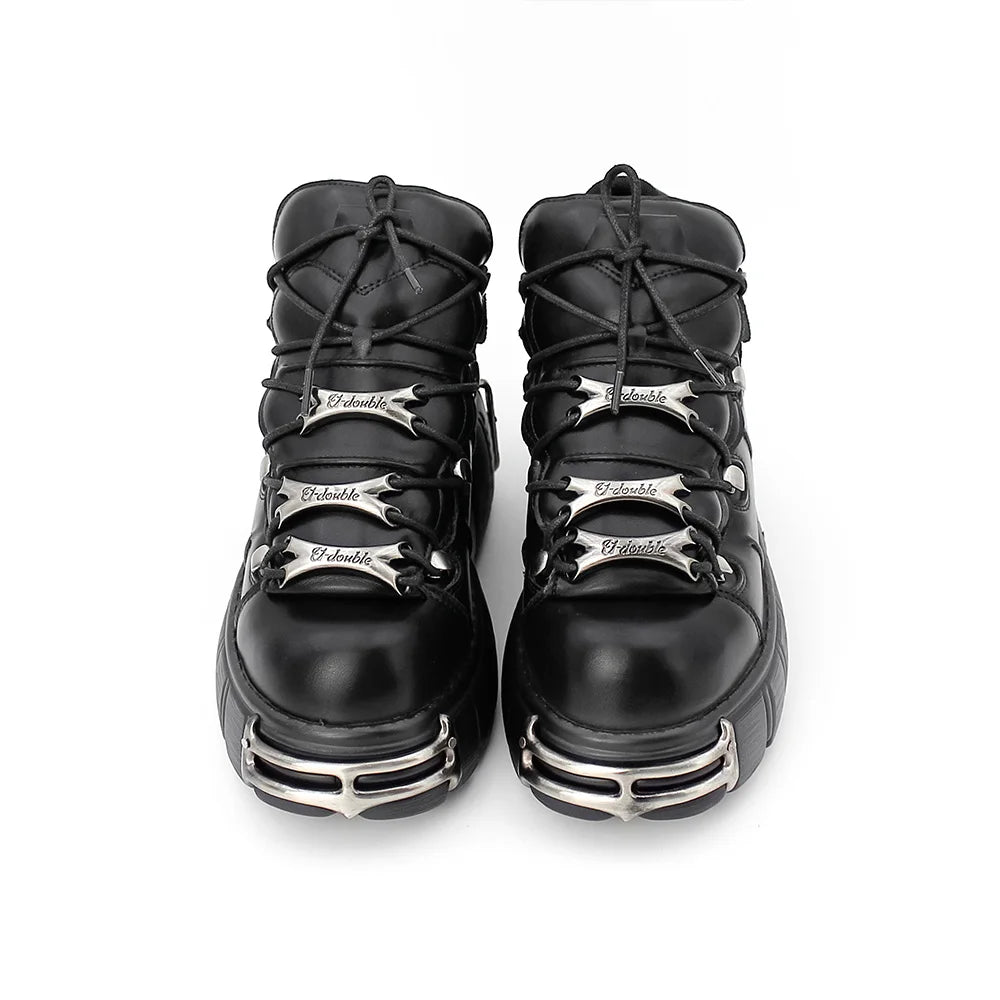 New 2024 Brand Punk Style Women Shoes Lace-up heel height 6CM Platform Shoes Woman Rock Boots Metal Decor Woman Sneakers