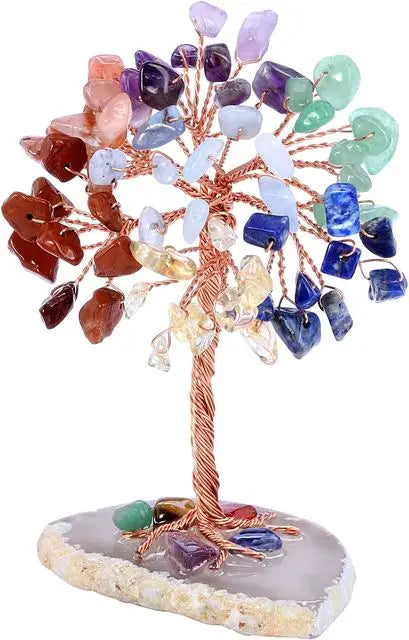 Super Mini Crystal Money Tree Copper Wire Wrapped W/ Agate Slice Base Healing Gemstone Yoga Feng Shui Trees Home Crystal Decor