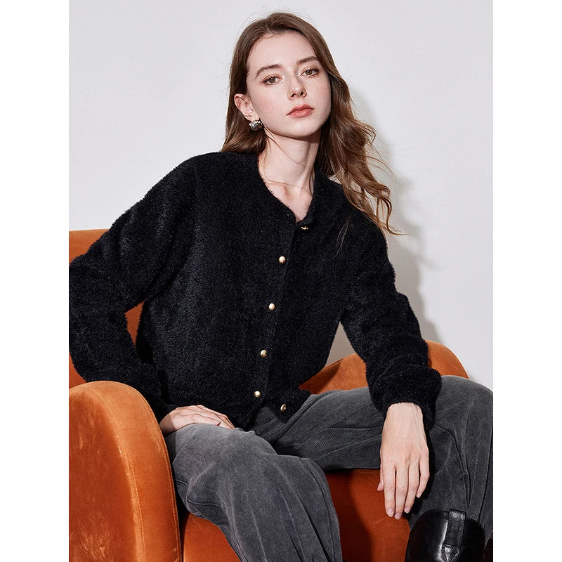 TOYOUTH Women Cashmere Sweater 2024 Autumn Winter fur Warm Round Neck Single Breasted Knitted Cardigan Jacket