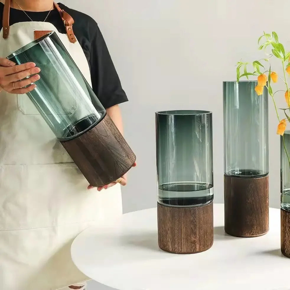 Vases Simple European Hydroponic Plant Household Living Room Table  Inserted Flower Wood Base Transparent Glass Vase Home Decor