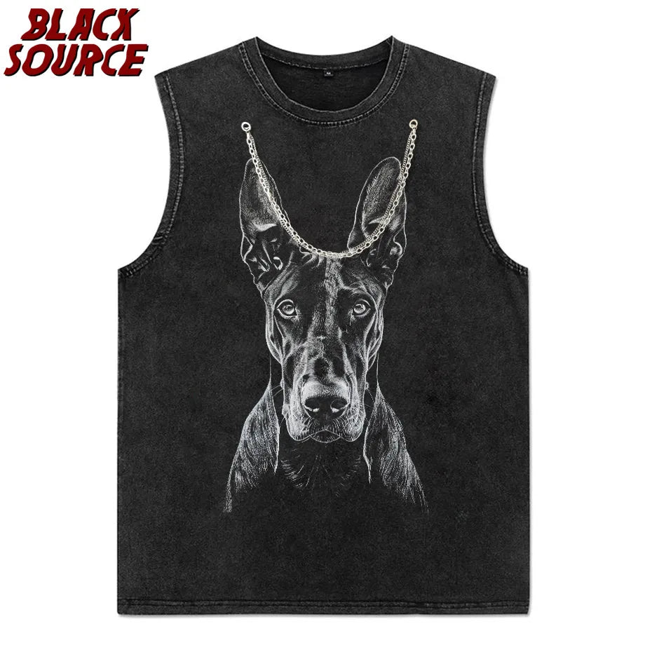 Men Streetwear Hip Hop Oversized T Shirt Funny Doberman Dog Graphic T-Shirt Vintage Washed Black Tshirt Harajuku Cotton P0843