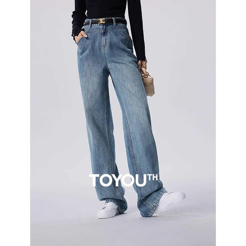 Toyouth Women Jeans 2024 Autumn High Waist Straight Long Wide-leg Trousers Logo Embroidery Casual All Match Denim Blue Pants