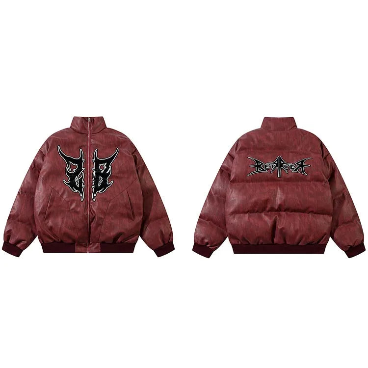 2024 Men Streetwear Vintage PU Leather Jacket Parka Flame Letter Embroidery Harajuku Padded Jacket Cotton Windbreaker Warm Thick