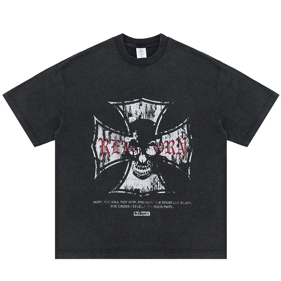 Cross Skulls Graphic T Shirts Men's Streetwear Harajuku Hip Hop Oversized T-shirt Y2K Vintage Loose Tee Tops