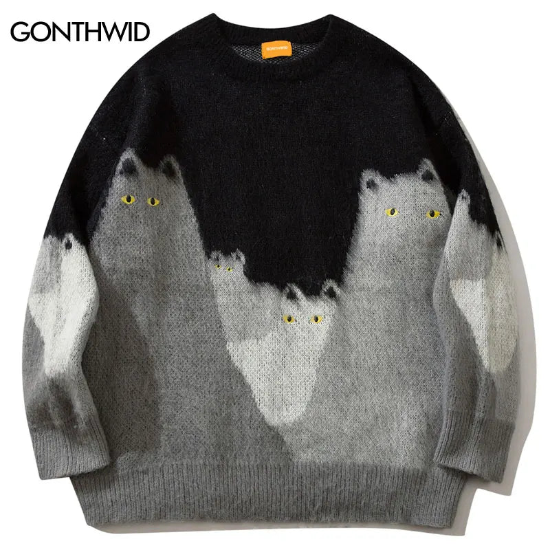 Men Sweater Streetwear Harajuku Funny Knitted Cat Embroidery Eye Jumper 2023 Hip Hop Fashion Loose Pullover Sweaters Black Blue