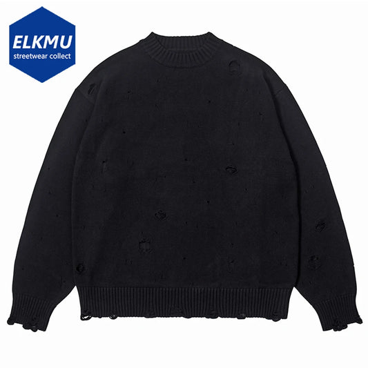 Fashion Ripped Sweaters Harajuku Streetwear Sweaters Men Black White Hip Hop Jumpers Knitted Pullovers Unisex 2023 Y2K Sweater