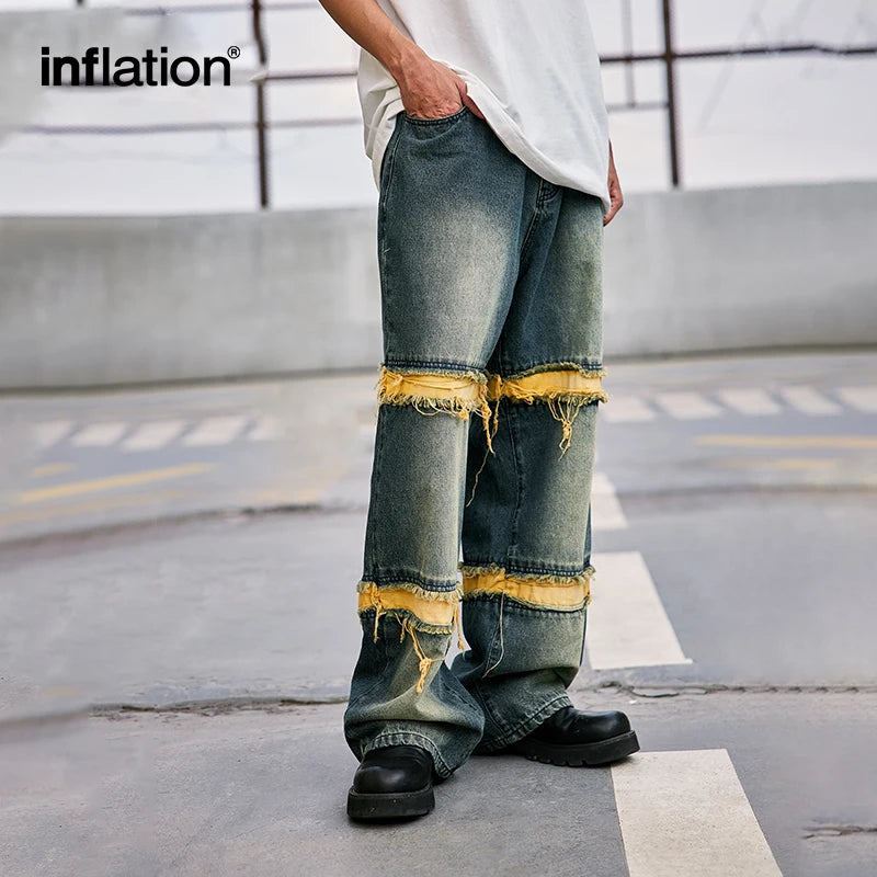 INFLATION Washed Distressed Fringe Jeans Men Straight Leg Ripped Denim Trousers