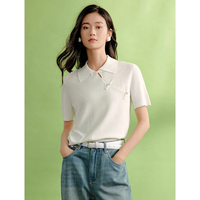 TOYOUTH Women Knitwear 2024 Summer New Chinese Style Pan Button Turn Down Collor Short Sleeve Knitted Tops