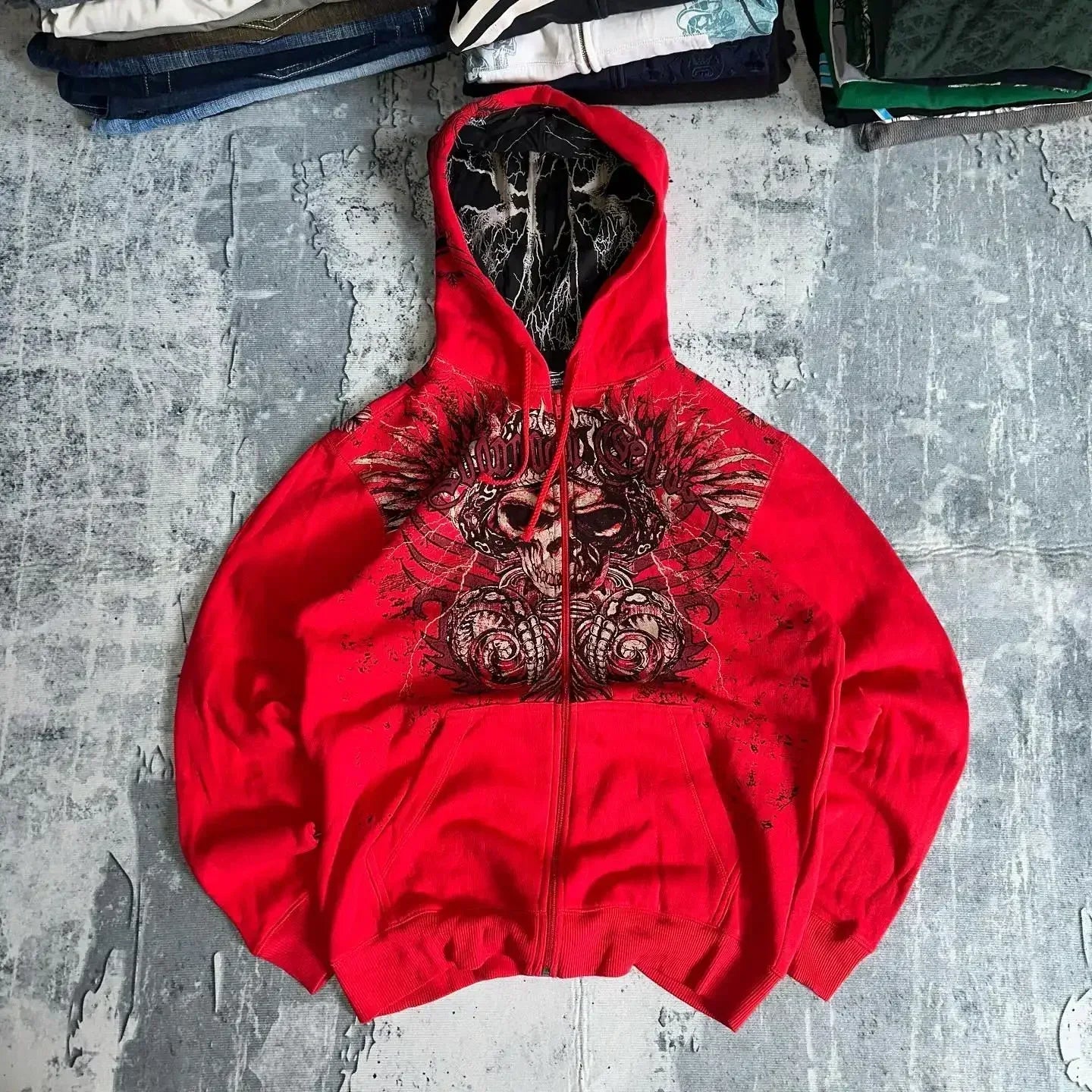 Y2K Fashion Zip up Hoodie New Gothic Oversize Pattern Print Embroidery Hoodie Coat For Men Loose Sweatshirt Couple Casual Hoodie