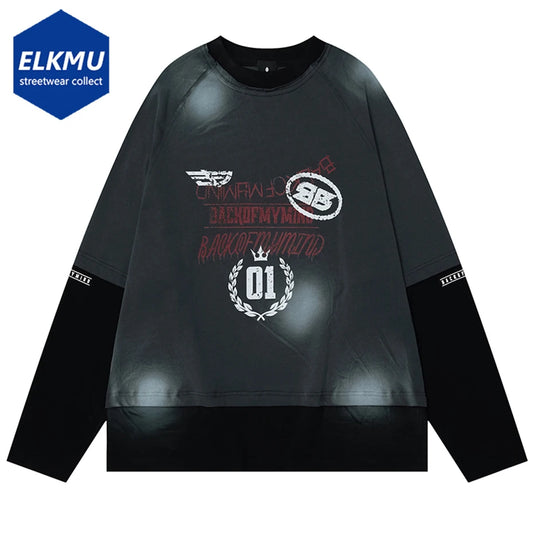 Fake Two Piece T Shirt Vintage Oversized Long Sleeve Tee Tops 2024 Autumn New Men Streetwear Harajuku Hip Hop T Shirts Y2K