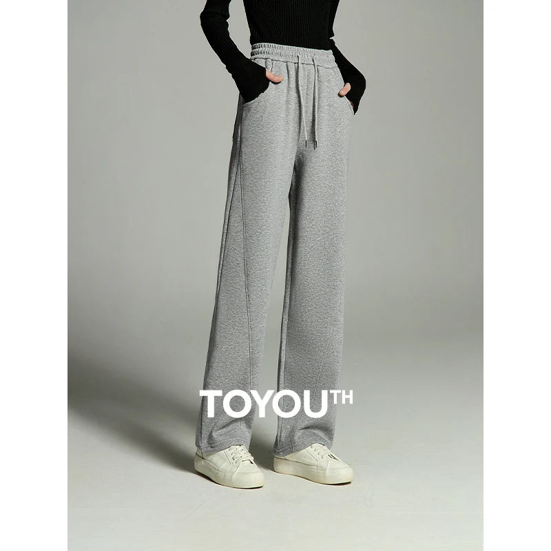 Toyouth Women Plush Sweatpants 2023 Winter Drawstring Waist Straight Loose Wide-leg Trousers Casual Versatile Sport Pants