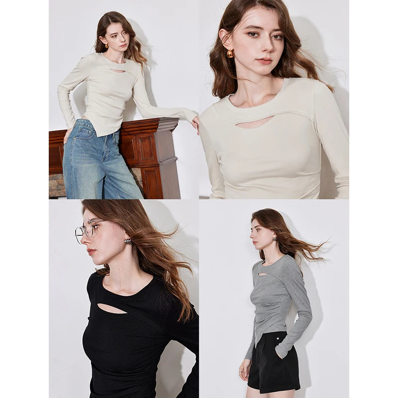 TOYOUTH Women Long Sleeve T-shirt 2024 Autumn and Winter New Round Neck Hollowed Out Slim Fit Basic Tee Tops