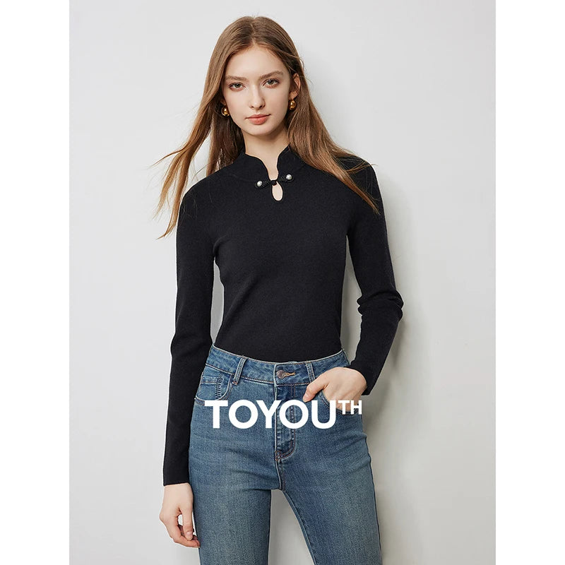 TOYOUTH Women Knitwear 2024 Autumn New Chinese Style Long Sleeve Stand Collar Qipao Button Pullover Tops