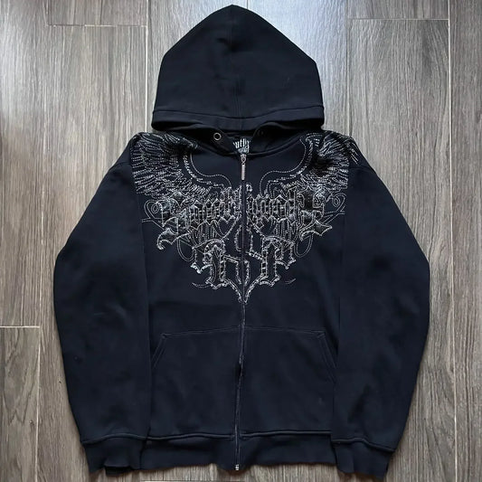 Y2K Fashion Zip up Hoodie New Gothic Oversize Pattern Print Embroidery Hoodie Coat For Men Loose Sweatshirt Couple Casual Hoodie