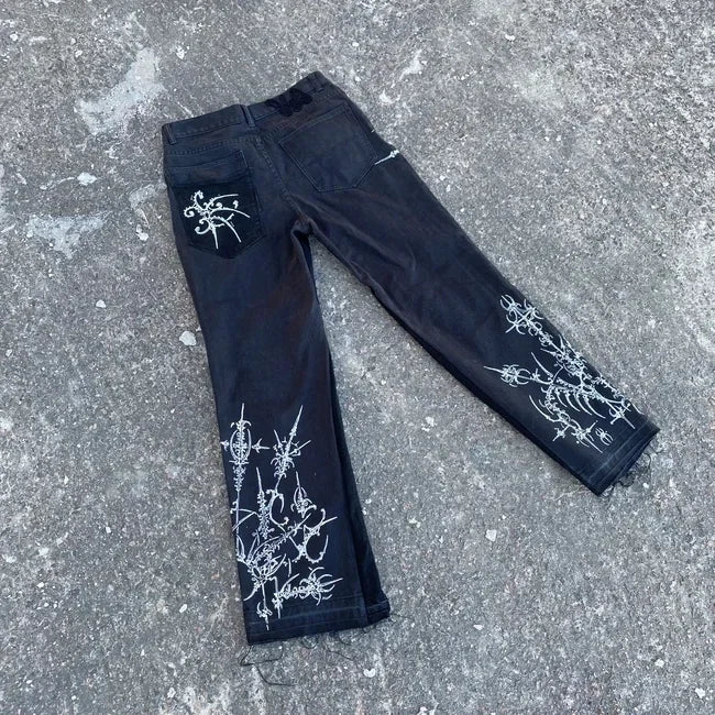 Gothic Punk Graphic Print High Waist Baggy Jeans Mens Womens Y2k Streetwear Black Straight Casual Denim Trousers Harajuku Hot