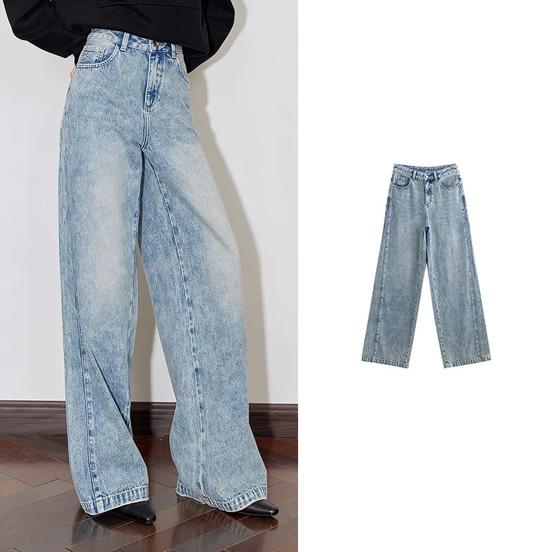 TOYOUTH Women Denim Jeans 2024 Autumn Winter New Mide Waist Straight Wide Leg Long Pants