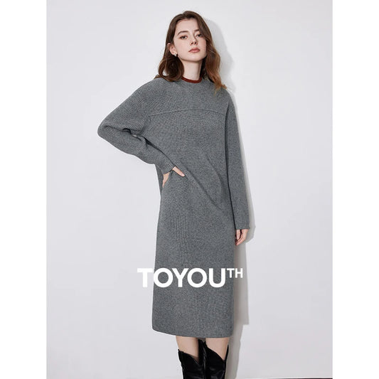 TOYOUTH Women Skirt 2024 Autumn and Winter Elegant Style Contrasting Color Woolen Straight Knitted Dress Gray