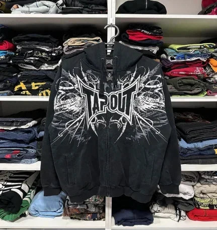 Harajuku Tapout Hoodie Gothic Embroidery Hoodies Women Y2k Casual Loose Oversize Hip Hop Korean Punk Long Sleeve Zipper Tops