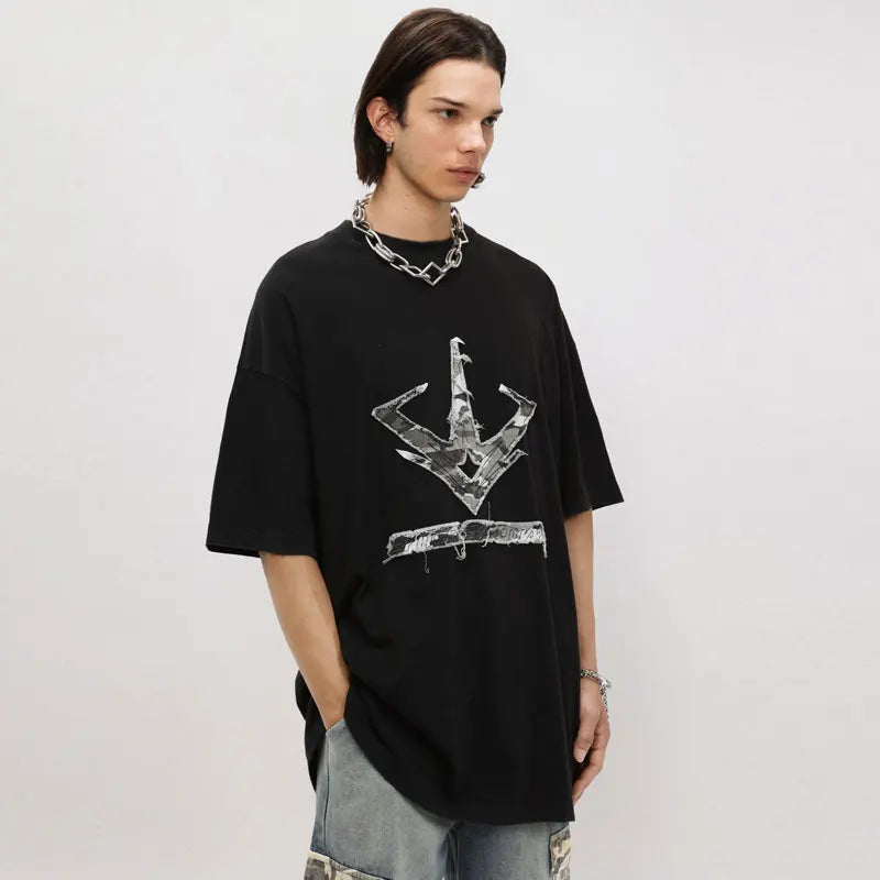 Vintage Tshirt Streetwear Embroidery Patch Oversized T-Shirt Hip Hop Punk Gothic Loose Washed Shirts Harajuku Cotton Tee Tops