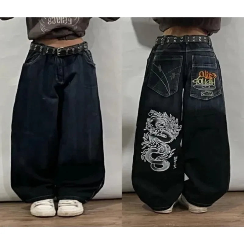 High Street Punk Hip-Hop Letter Embroidery Splicing Raw Edge Design Oversized Jeans for Men Y2K Trendy Gothic Fashion sweatpants