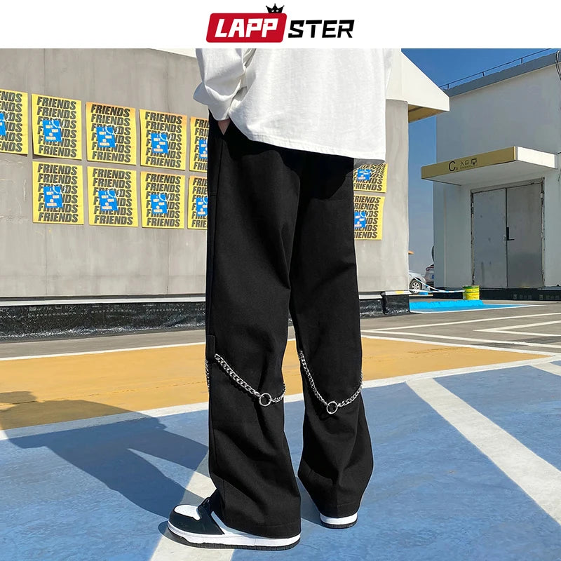 LAPPSTER Men Black Y2k Streetwear Harajuku Sweatpants 2023 Overalls Mens Korean Fashions Baggy Pants Free Chain Japanese Joggers