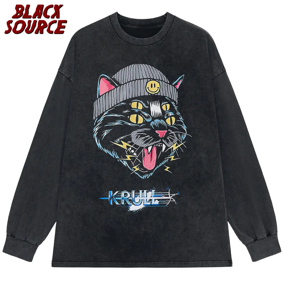 Hip Hop Oversized Tshirt Streetwear Cat Graphic Print Punk Gothic T-Shirt Men 2023 Casual Washed Tee Shirts Harajuku Cotton Tops