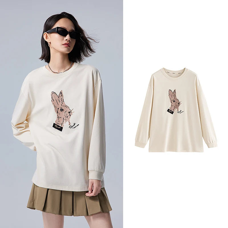 Toyouth Women Tees 2024 Autumn Long Sleeve O Neck Loose T-shirt Exquisite Rabbit Print Design Fashion Casual Apricot Black Tops