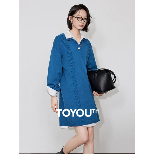 TOYOUTH Women Knitted Dress 2024 Autumn Winter New Turn Down Collar Straight Knee Length Knitted Warm Casual Dress