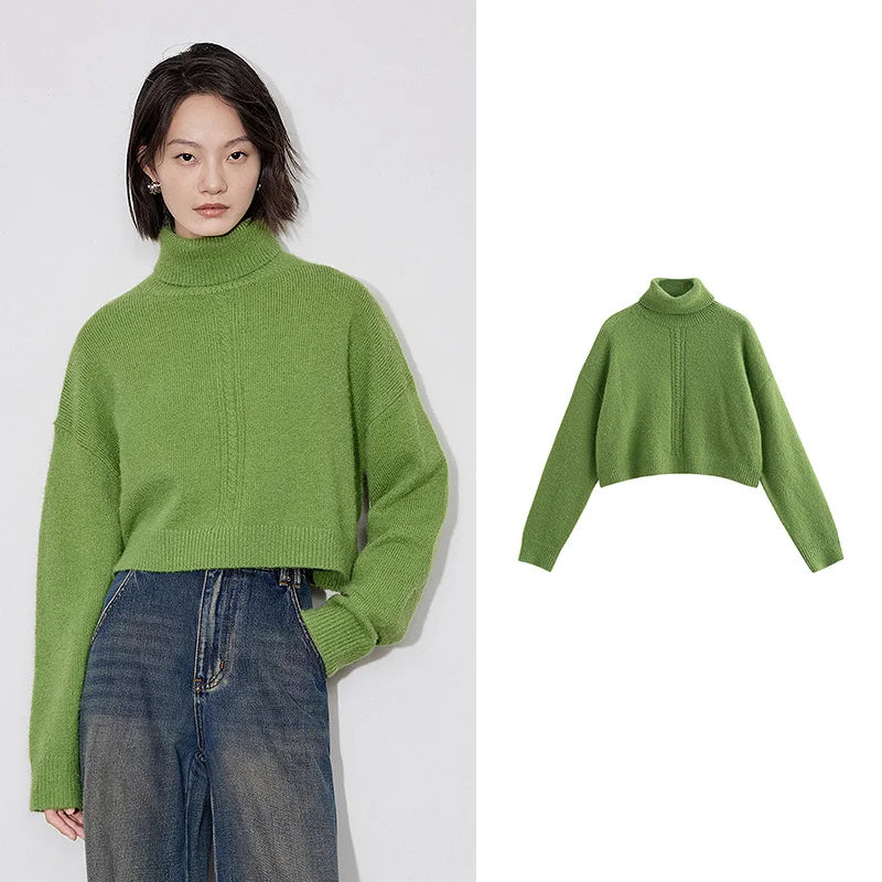 TOYOUTH Women Turtleneck Sweater 2024 Winter New Green Thicken Warm Short Mohair Pullover Tops