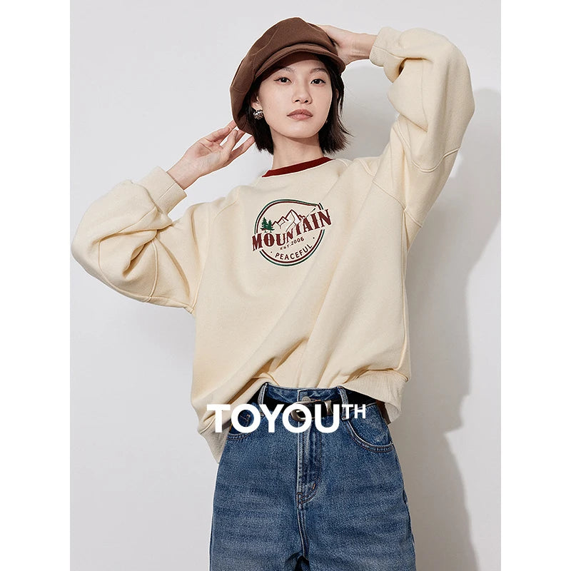 TOYOUTH Women Fleece Hoodies Sweatshirt 2024 Autumn New Round Neck Letter Printed Thicking Warm Pullover Tops