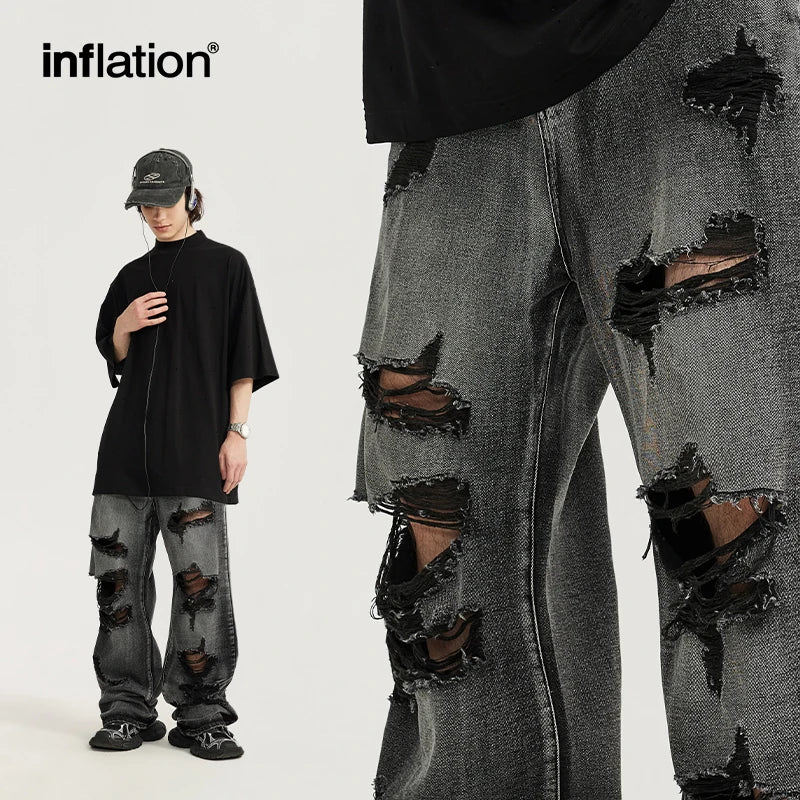 INFLATION Washed Ripped Distressed Jeans Men Streetwear Hip Hop Holes Denim Pants