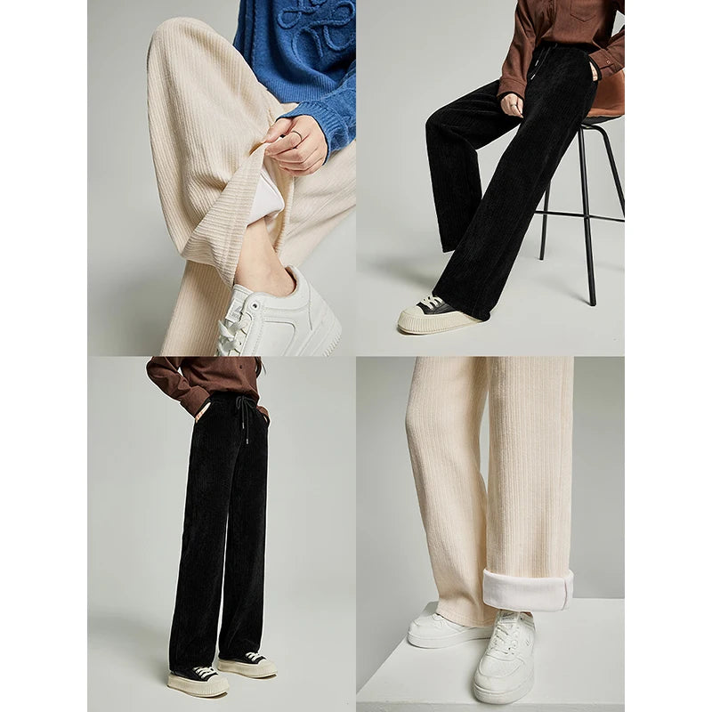 TOYOUTH Fleece Thicken Sweatpant 2024 Spring New Women Solid Color Drawstring Waist Straight Wide-leg Trousers Comfort Pants