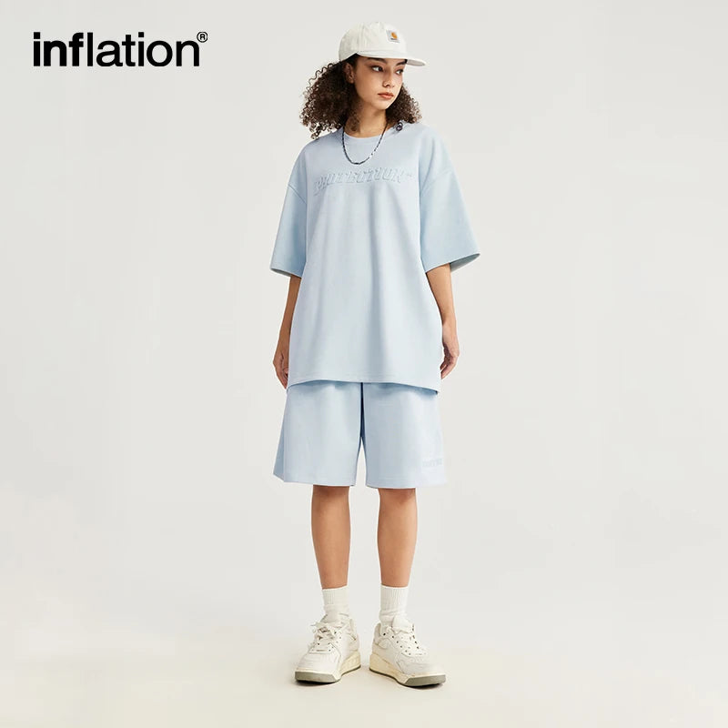 INFLATION Summer Oversized Tracksuit Set Unisex Suede Fabric Embossed T-shirts and Shorts Set