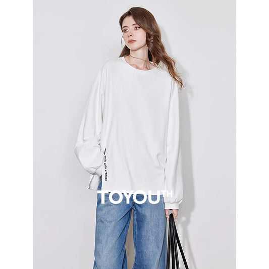 TOYOUTH Women Long Sleeve T-shirt 2024 Autumn and Winter New Comfortable Open Split Round Neck Warm White Tops